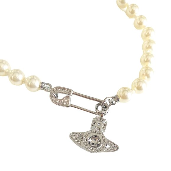 AUTH New VIVIENNE WESTWOOD Silver Swarovski Pearl w Pave Pin Necklace Ret $345 - Picture 2 of 4
